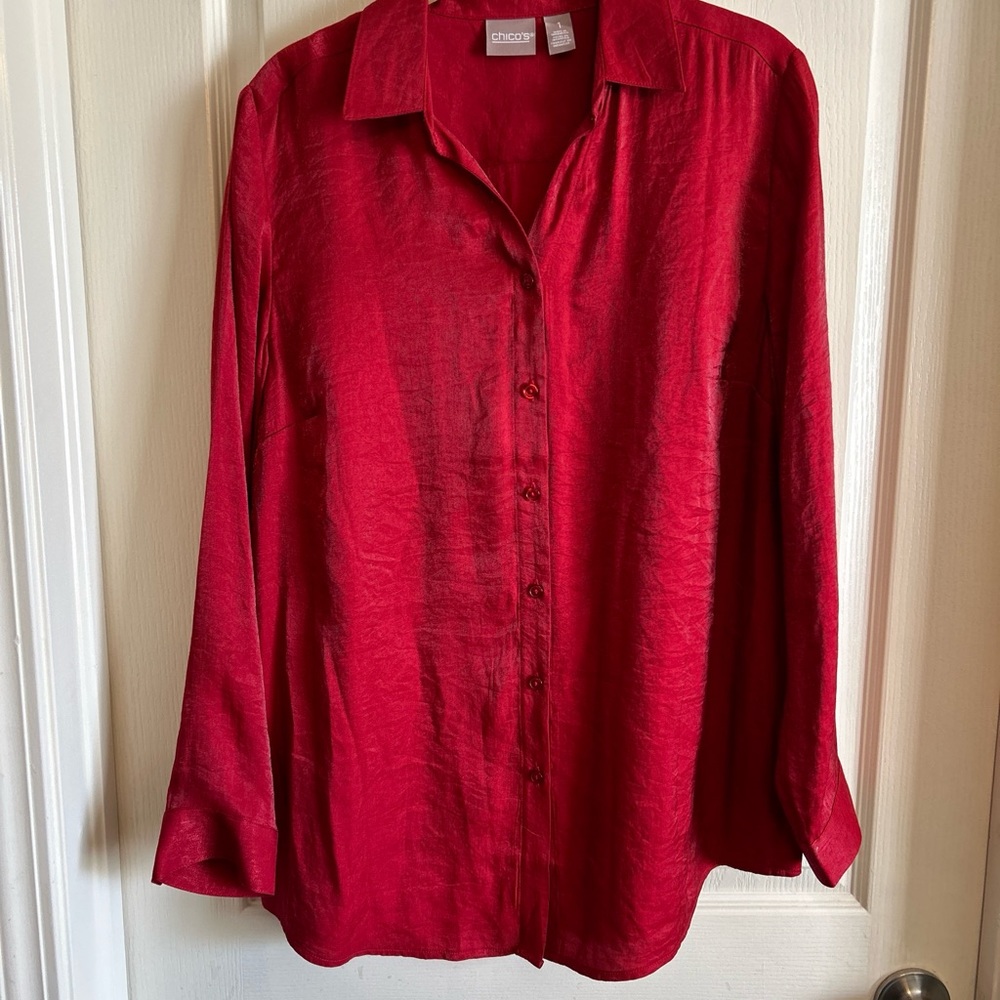 Chico’s Silk Red Shimmer Solid Button Up Blouse S… - image 2